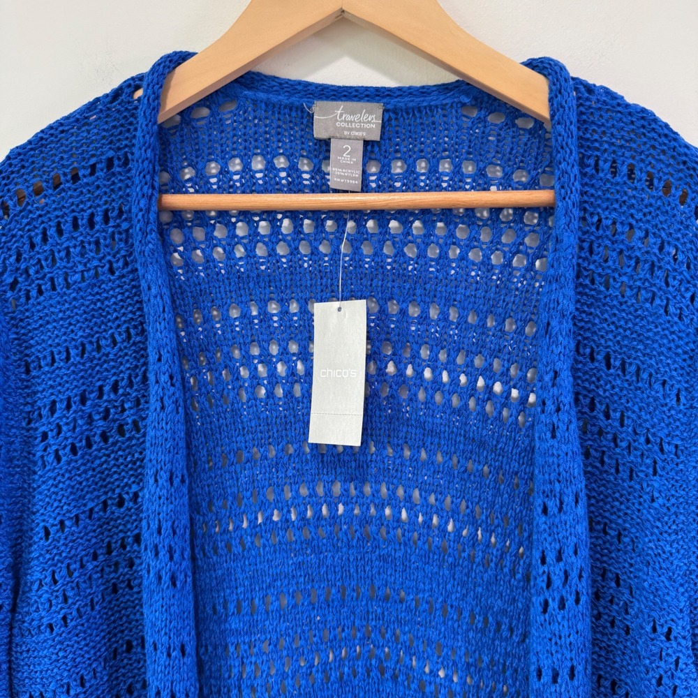 NWT Chico's Travelers Fringe Cardigan L 2 Kinetic Blue Open Knit Coastal Preppy - Picture 3 of 8